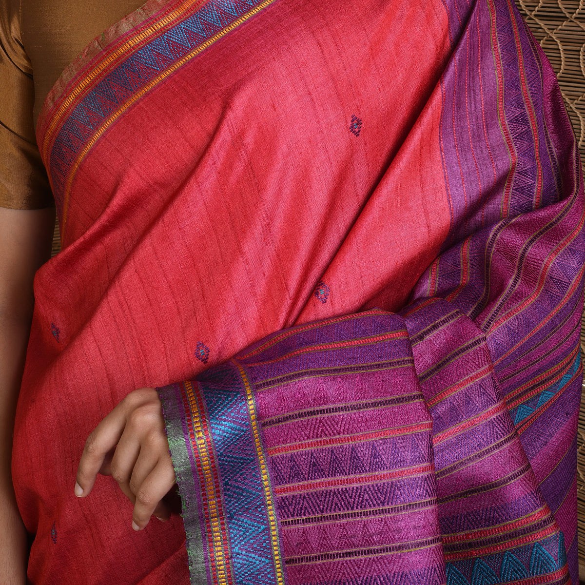 DONGRIA Handwoven Tussar Silk Saree - Cherry Red