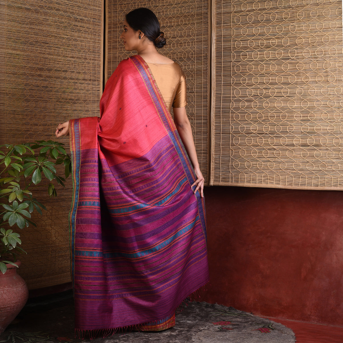 DONGRIA Handwoven Tussar Silk Saree - Cherry Red