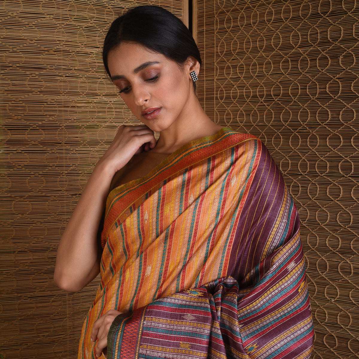 BOMKAI Long Pallu Handwoven Tussar Silk Saree - Amber Orange