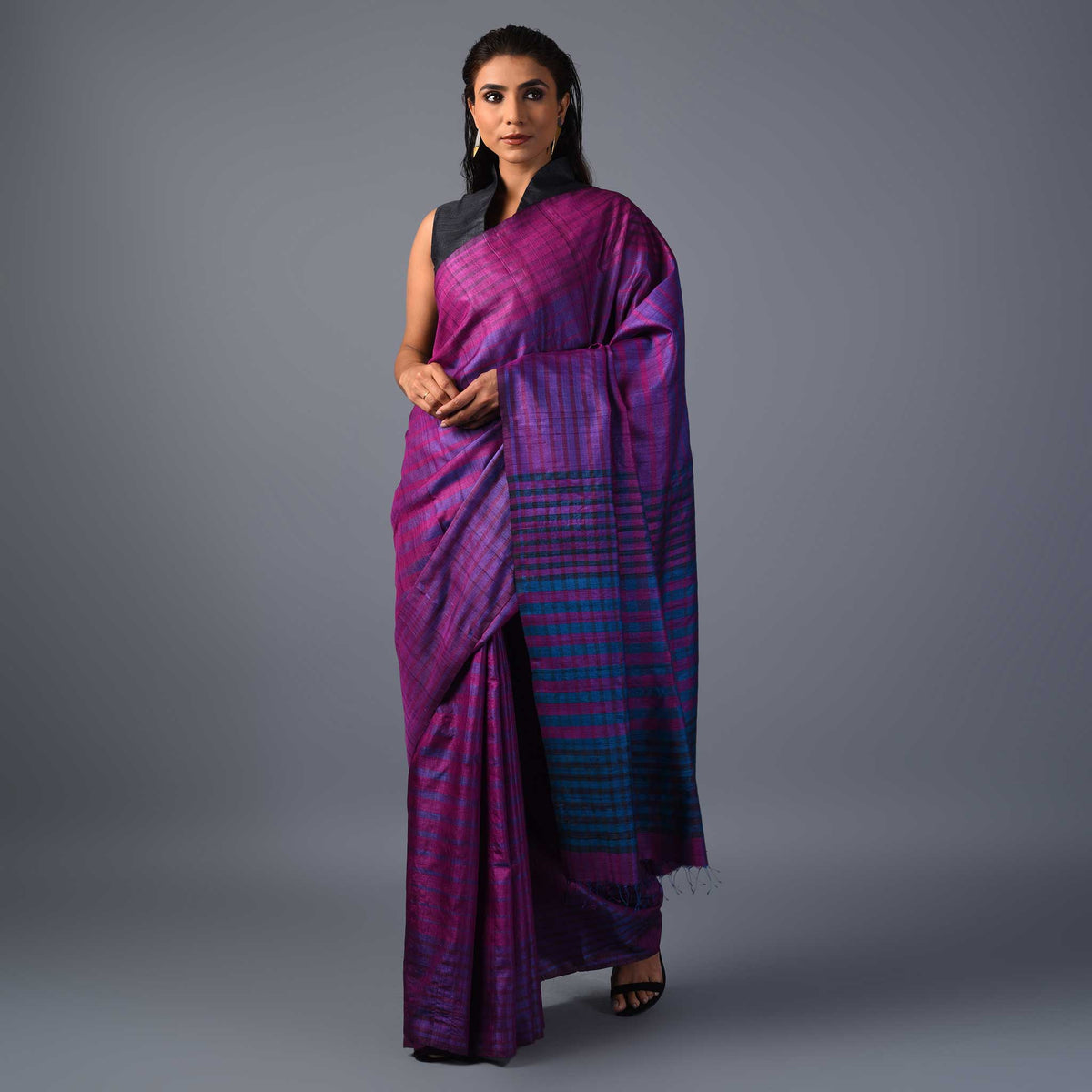 Jal Stripe Handwoven Tussar Silk Saree -  WINE