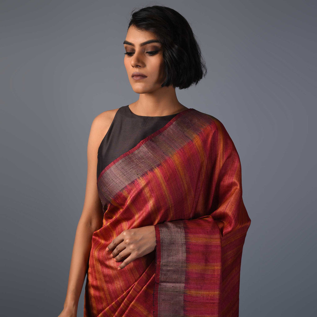 IKAT Tussar Megha Silk Saree - Red Orange