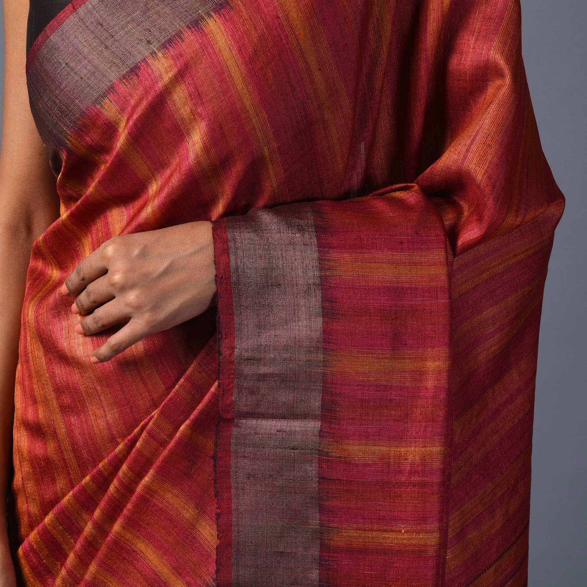 IKAT Tussar Megha Silk Saree - Red Orange