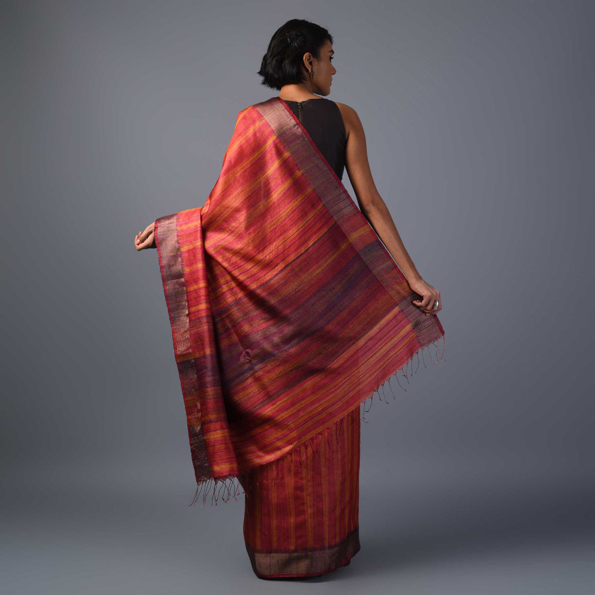 IKAT Tussar Megha Silk Saree - Red Orange