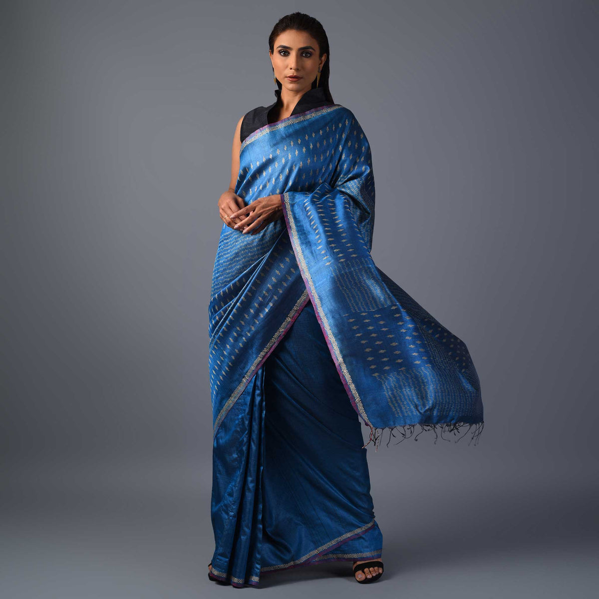 SITARA Ikat Tussar Long Pallu Handwoven Silk Saree - BLUE