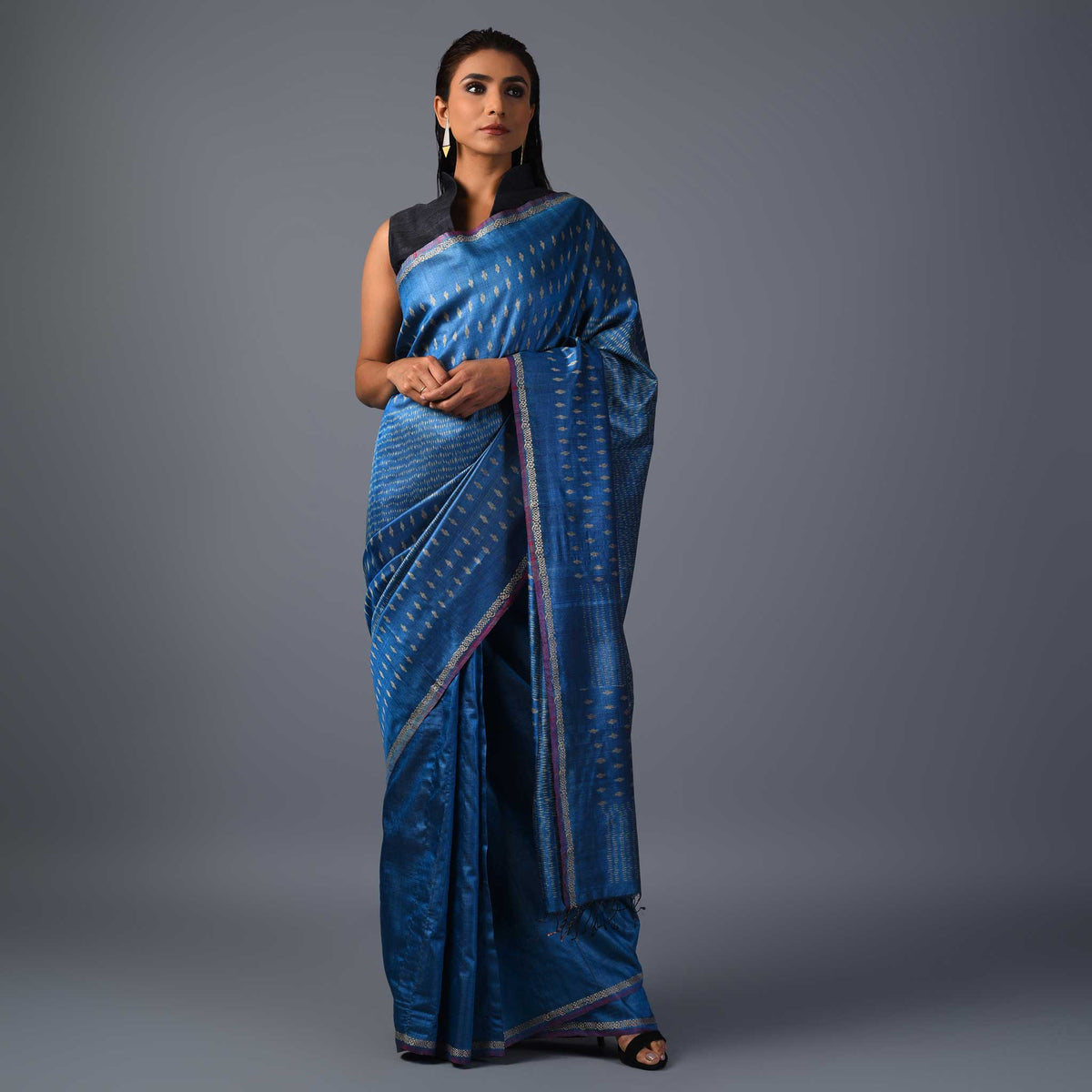 SITARA Ikat Tussar Long Pallu Handwoven Silk Saree - BLUE