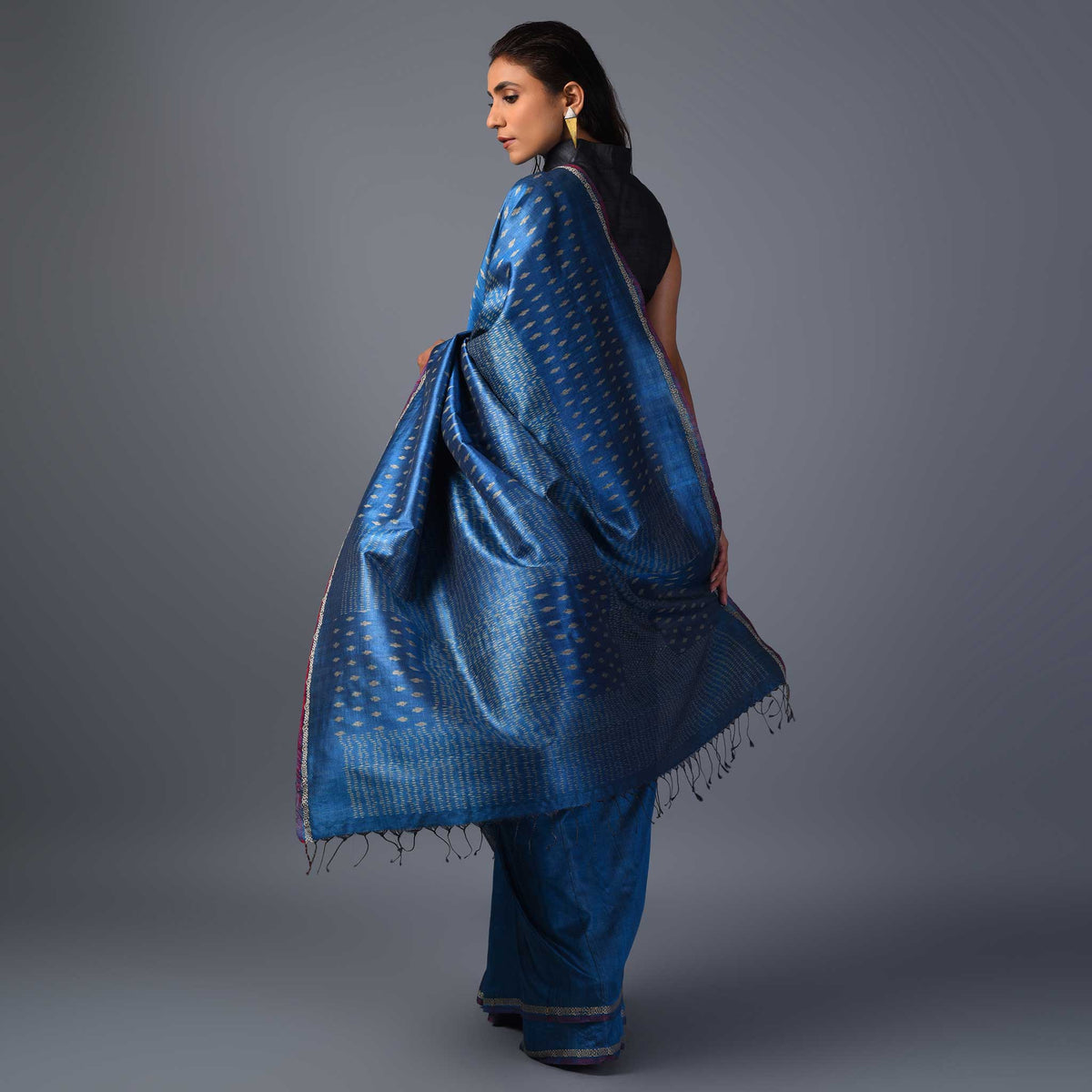 SITARA Ikat Tussar Long Pallu Handwoven Silk Saree - BLUE