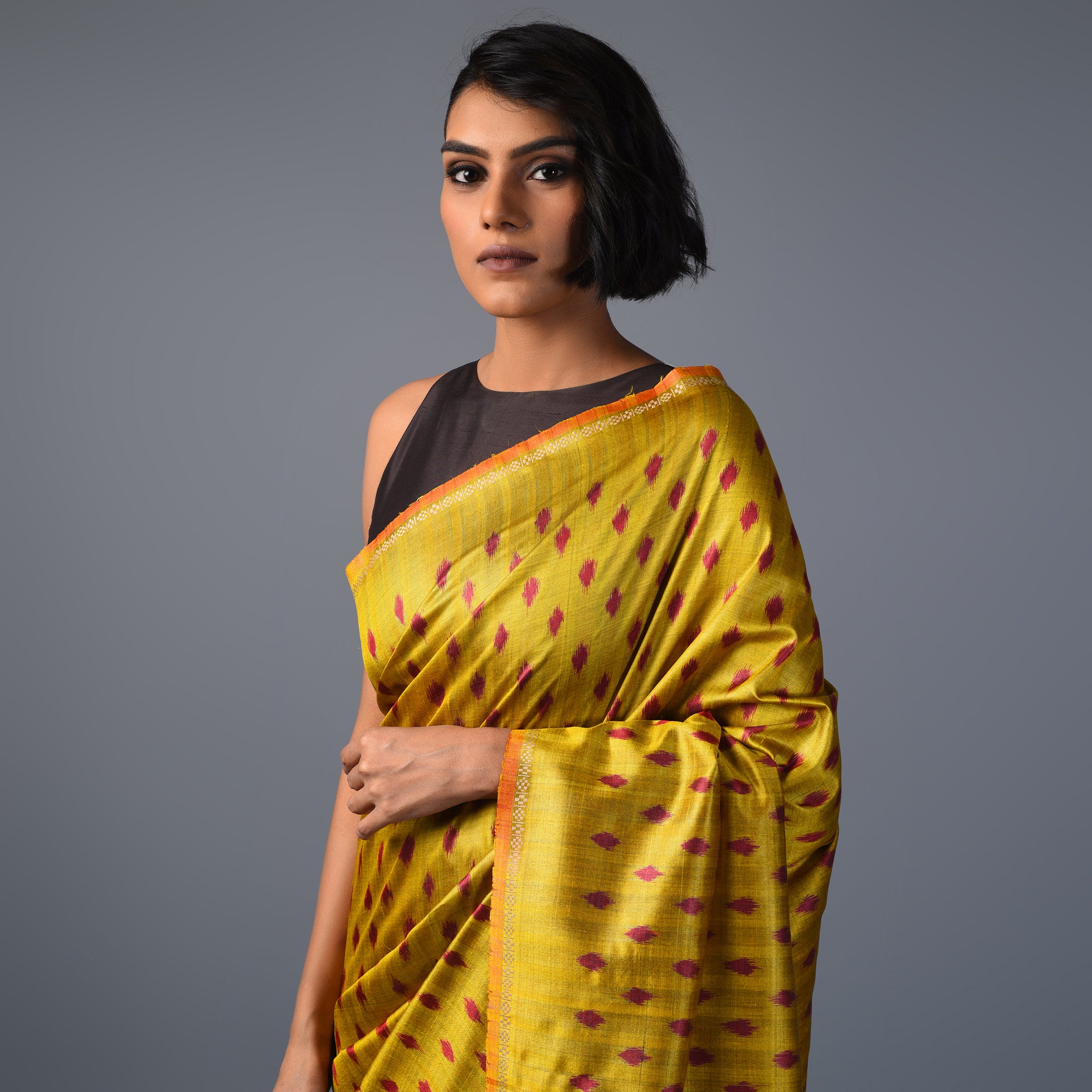 IKAT TUSSAR Thippa Long Pallu Handwoven Silk Saree - Lemon Green - Vriksh Designs
