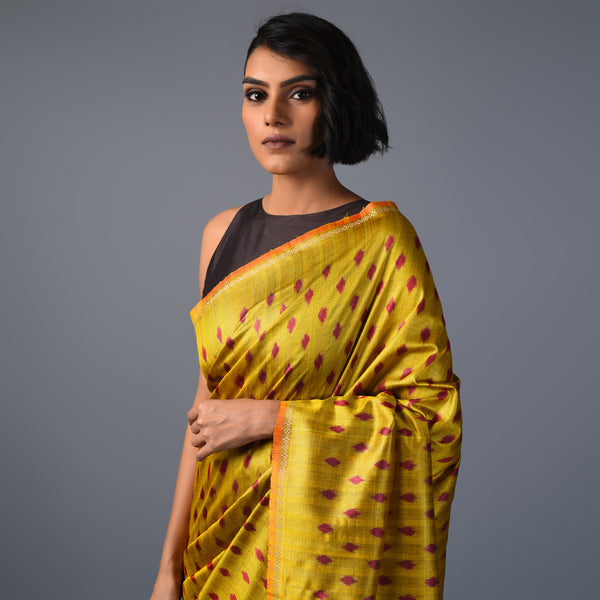 IKAT TUSSAR Thippa Long Pallu Handwoven Silk Saree - Lemon Green - Vriksh Designs