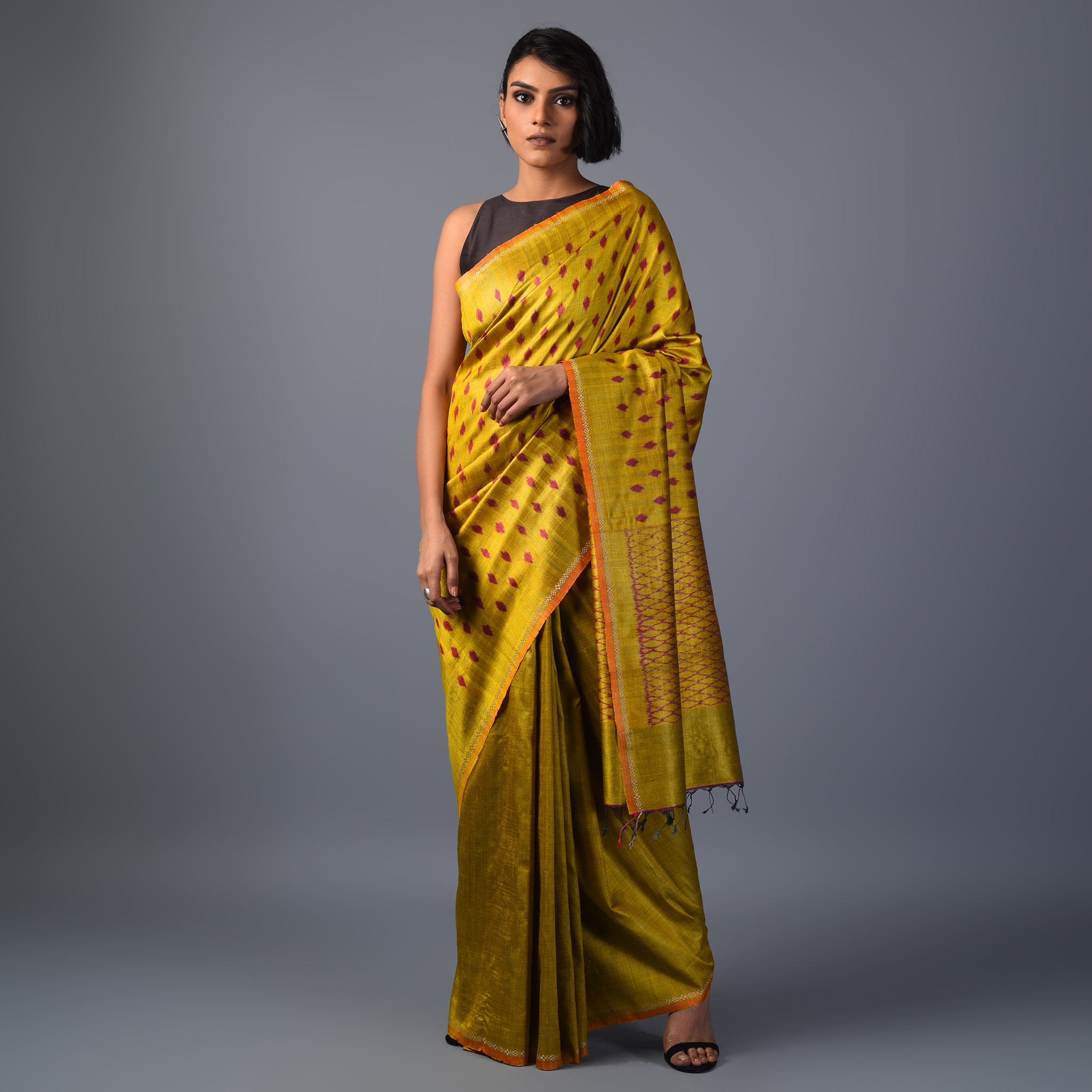 IKAT TUSSAR Thippa Long Pallu Handwoven Silk Saree - Lemon Green - Vriksh Designs