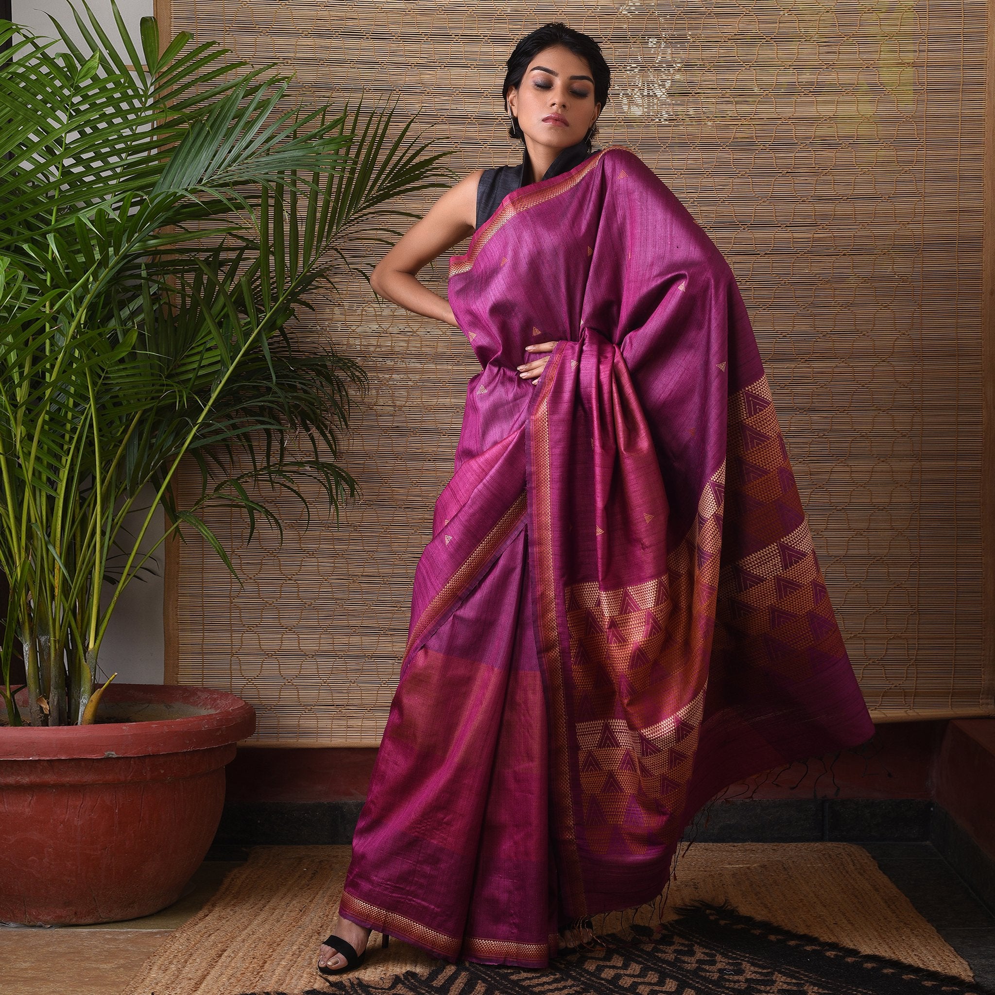 BHOR Handwoven Tussar Silk Saree - Magenta